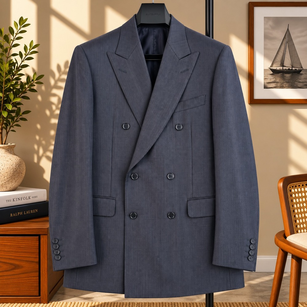 Canali Suit Jacket Men 40R Navy Wool Silk Cashmere Pinstripe Double Breasted